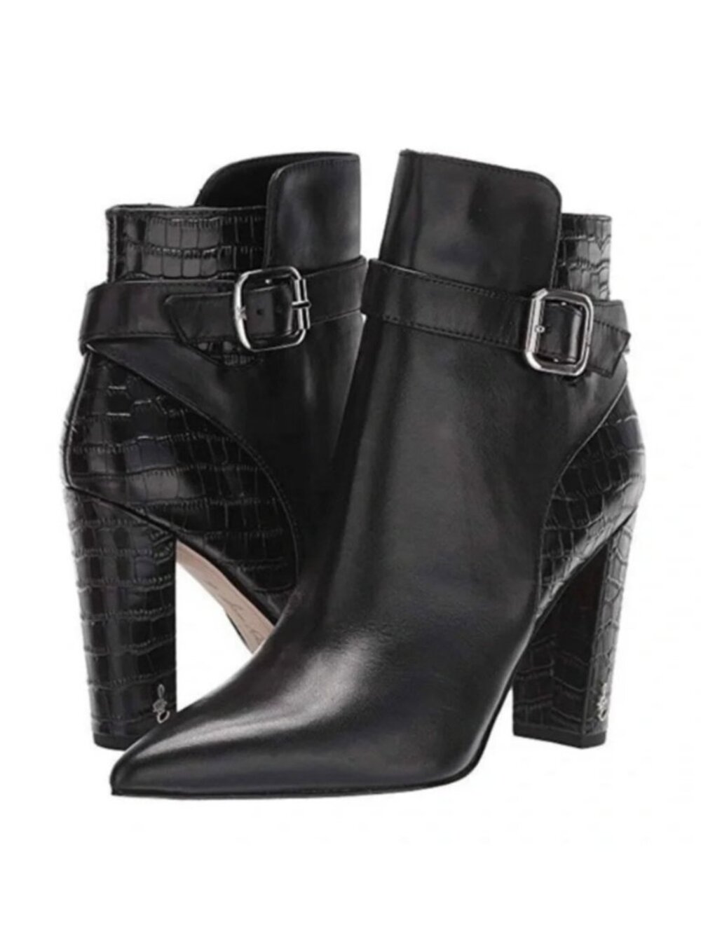 SAM EDELMAN Black Leather Rita Croc Embossed Point Toe Heeled Ankle Boots 8.5